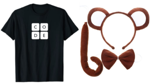 a t-shirt that says "code" and a set of monkey ears headband, tail, and bowtie