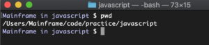 Terminal window showing example of the pwd command output: /Users/Mainframe/code/practice/javascript